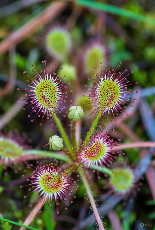 Rosiczka okrągłolistna z kroplami rosy – rzadka roślina owadożerna na torfowisku rezerwatu Krutynia Dolna 🌸🔬