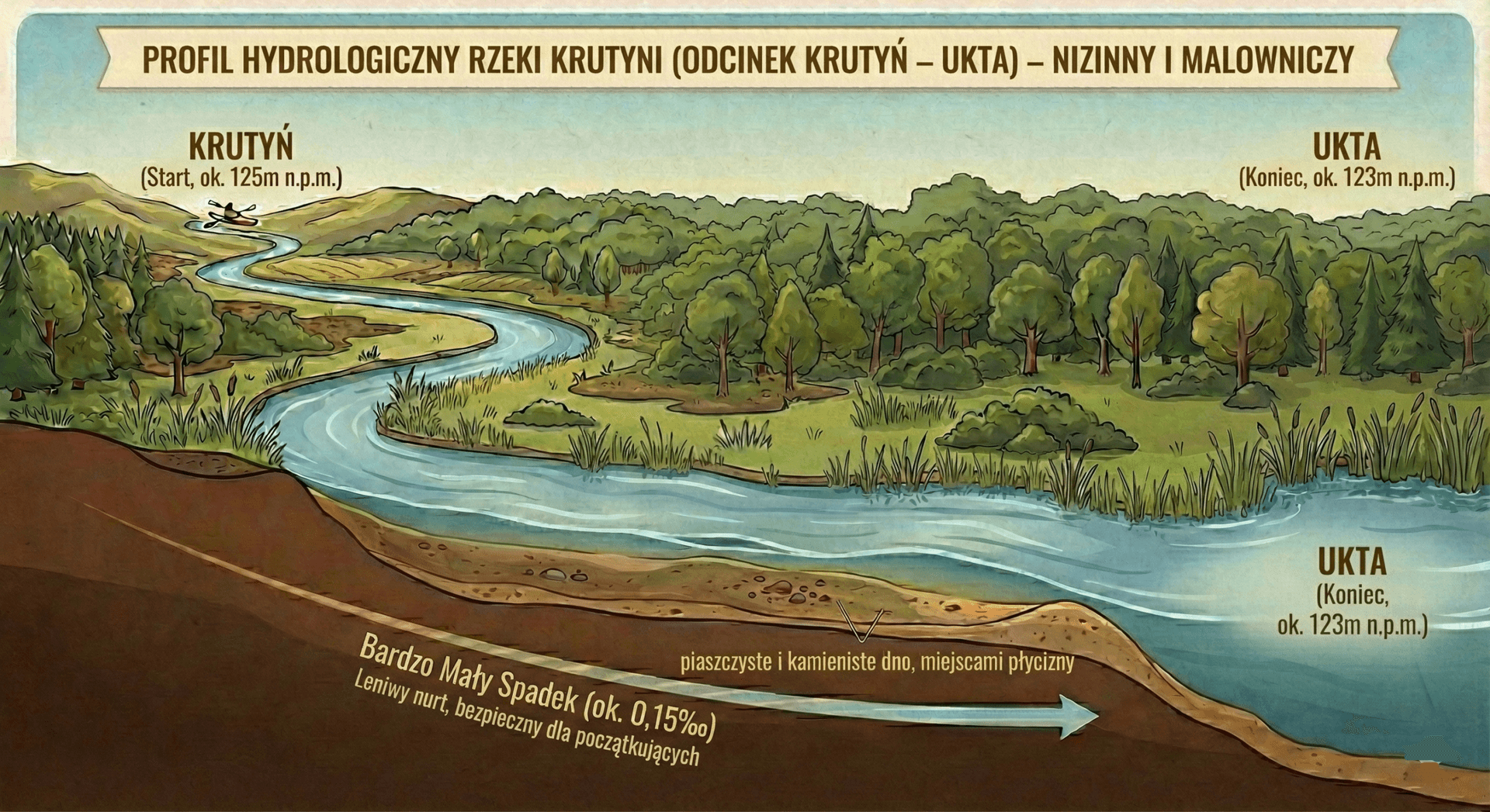 Profil hydrologiczny rzeki Krutynia na odcinku Krutyń - Ukta
