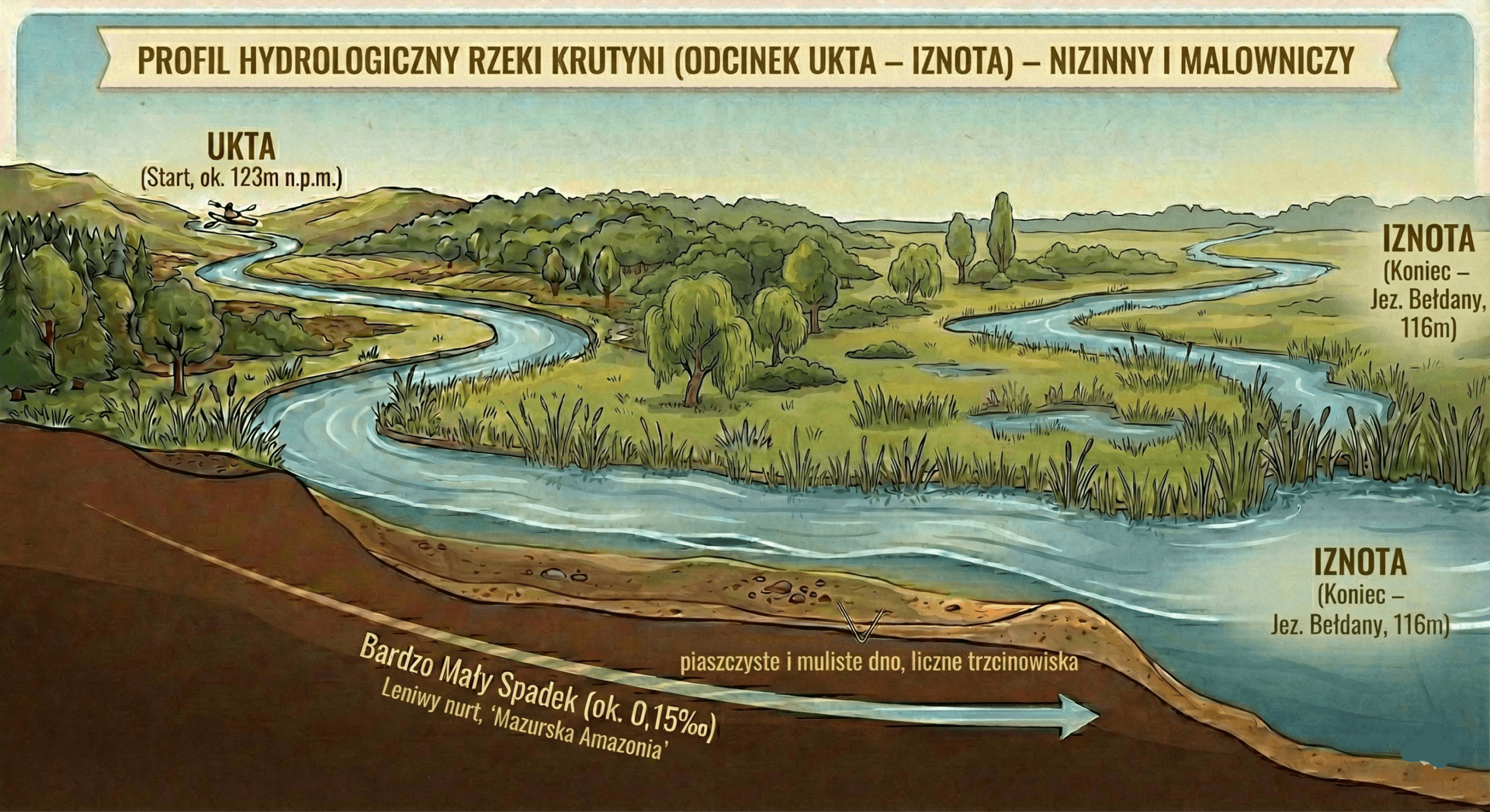 Profil hydrologiczny rzeki Krutynia na odcinku Ukta - Iznota