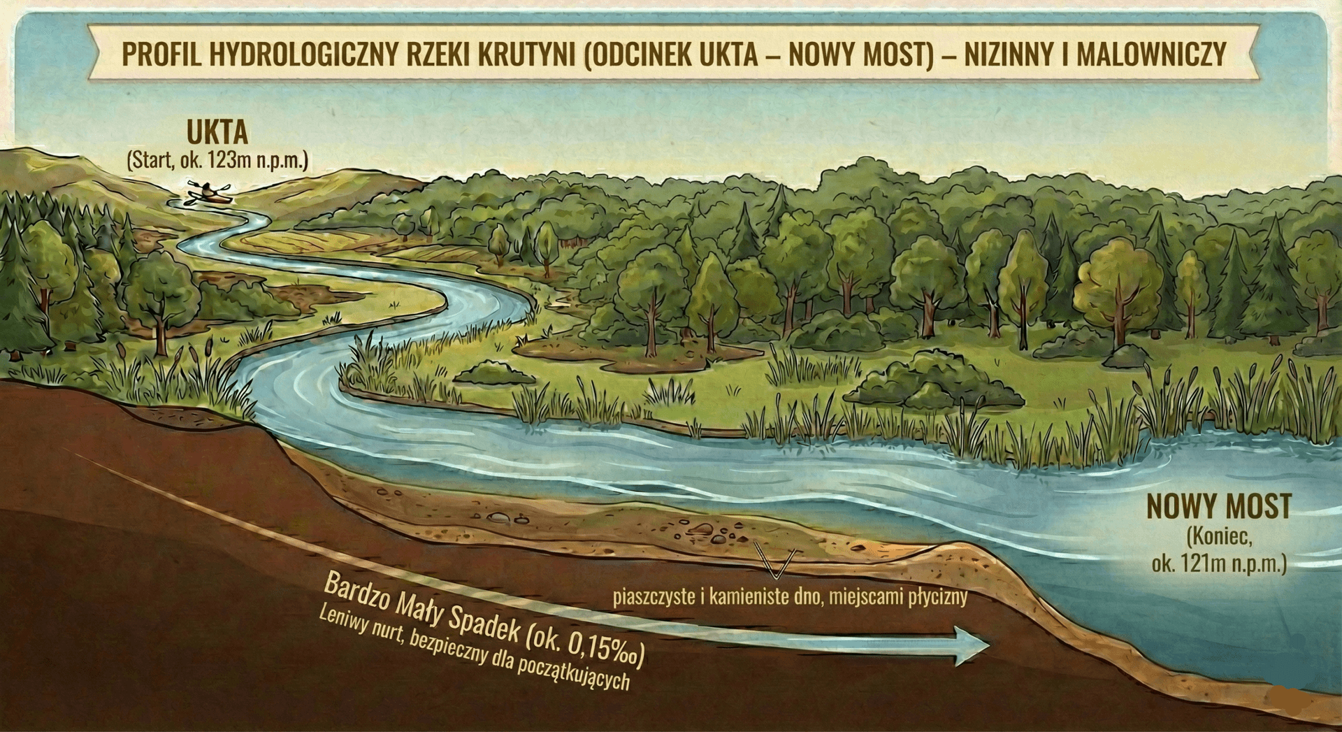 Profil hydrologiczny rzeki Krutynia na odcinku Ukta - Nowy Most