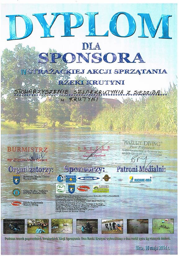 Dyplom dla sponsora Stowarzyszenia Szlak Krutynia za sprzątanie rzeki 