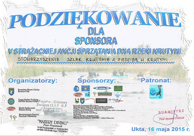 Dyplom dla Stowarzyszenie Szlak Krutynia za sprzątanie rzeki