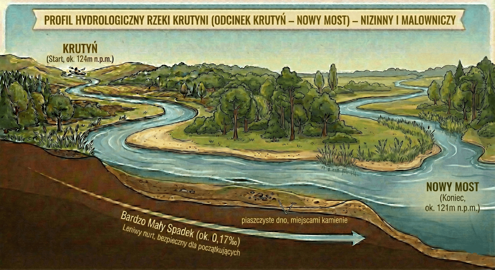 Profil hydrologiczny rzeki Krutynia na odcinku Krutyń - Nowy Most