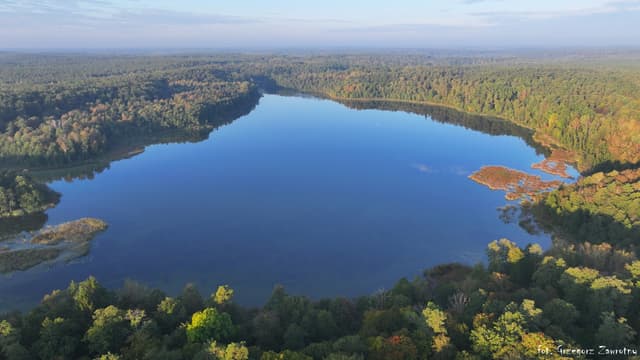 Jezioro Krutyńskie z lotu ptaka. Po lewej w głębi dopływ z jeziora Mokrego.