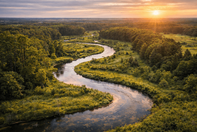 kręta Pisa wśród drzew przy zachodzie słońca